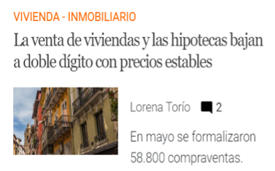 La venta de viviendas y las hipotecas bajan a doble dígito con precios estables